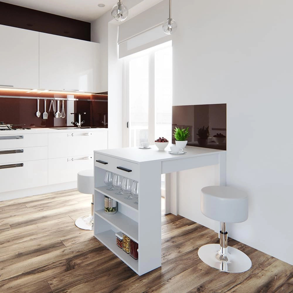 Set tavolo da pranzo Repose, Bianco, 67 x 100 cm con 2 sgabelli, adatto come piano di lavoro o area di appoggio aggiuntiva