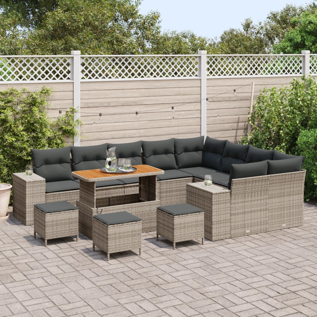 Set di divani da giardino in 13 pezzi con cuscini grigi in polyrattan e acacia
