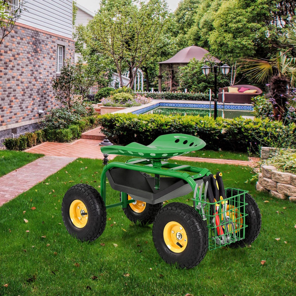 Sgabello da giardino con ruote seduta regolabile in altezza e girevole a 360¡ã cestello, Sedile per giardinaggio Verde-Attrezzi da giardino