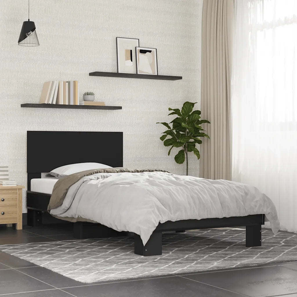Letto singolo | Letto per adulti | Giroletto Nero 75x190 cm in Legno Multistrato e Metallo