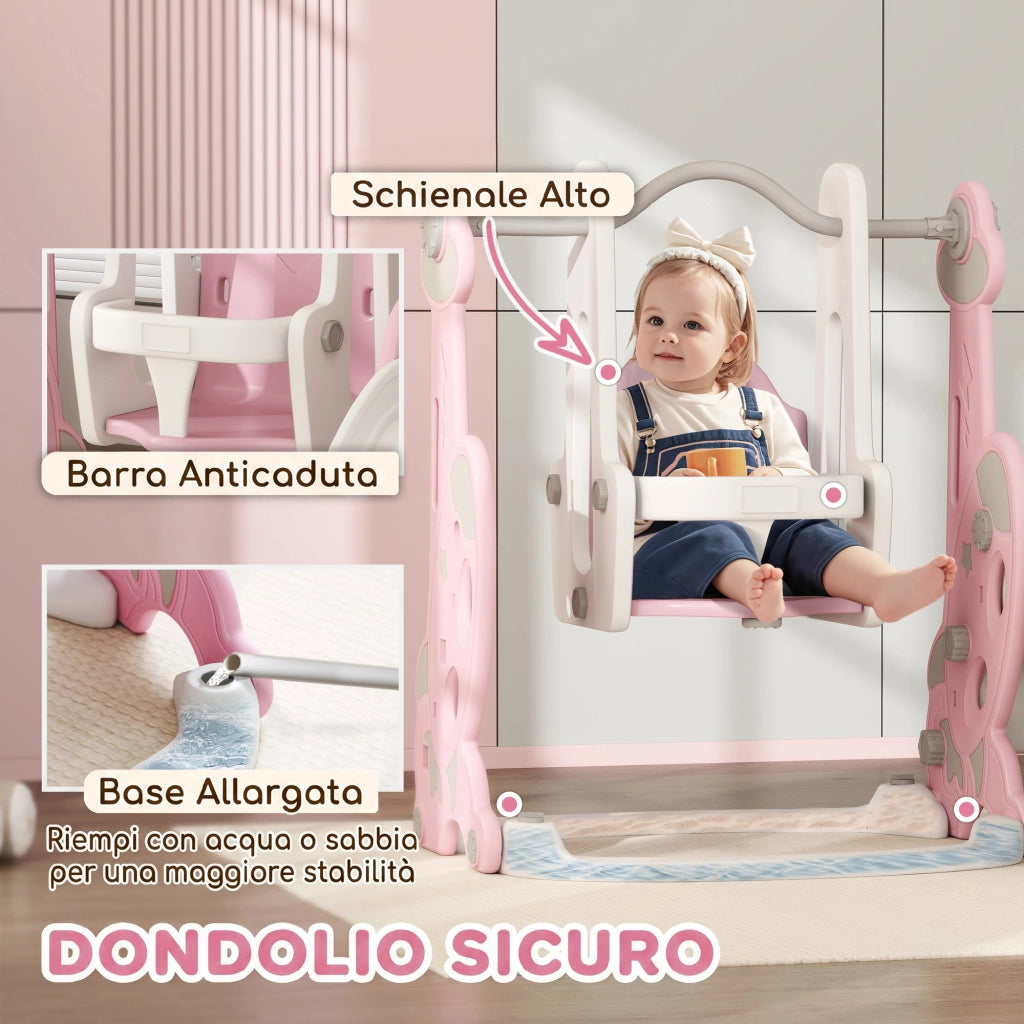 Scivolo per Bambini 4 in 1 con Altalena Scaletta da Arrampicata e Cestino da Basket in PP e PE Rosa