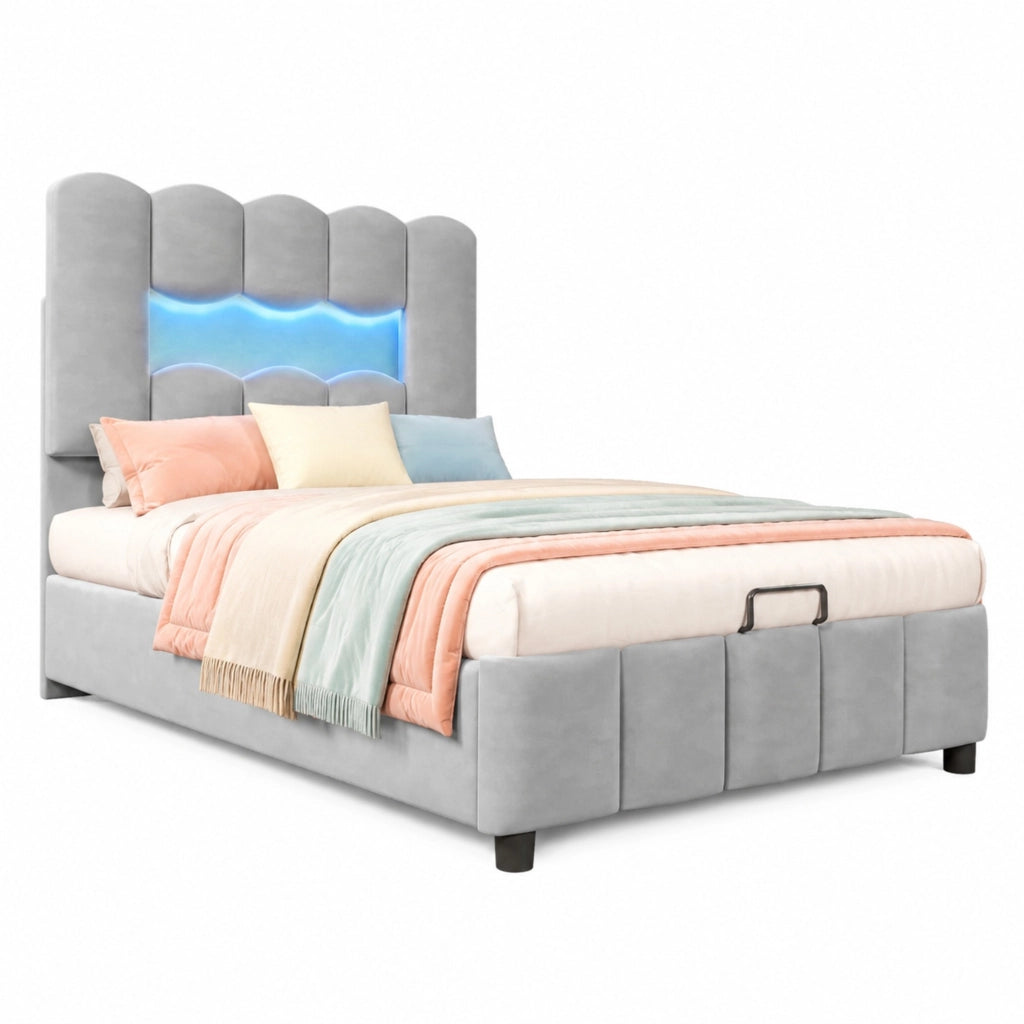 Letto imbottito 90x200 cm con contenitore idraulico; testiera regolabile; LED; velluto grigio