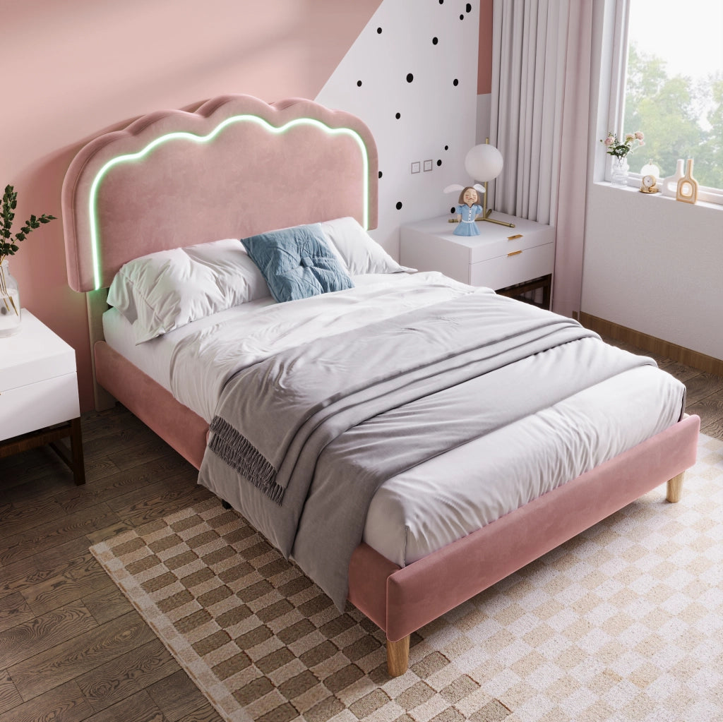 Letto imbottito singolo 90x190 cm in velluto rosa con testiera LED regolabile