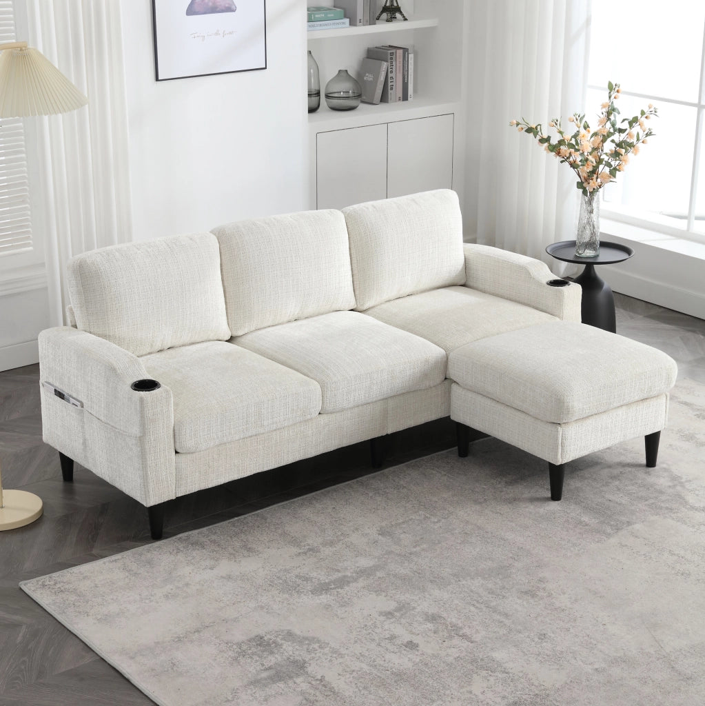 Divano 4 posti beige con pouf contenitore in ciniglia; porta-bicchieri e tasche laterali HOMVRA