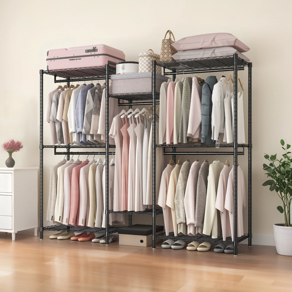 Porta abiti freestanding nero in metallo con 8 ripiani a griglia e 5 aste appendiabiti
