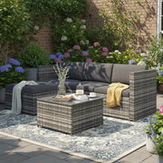 Set divano angolare giardino ¨C Minimal ¨C polyrattan grigio con cuscini e tavolo con piano in vetro