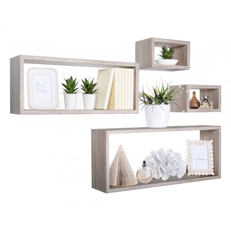 Set 4 Mensole da Muro, Pensile Bagno, Mensola Parete, Scaffale Parete, Rovere Sagerau, 75x30 p15,5 cm, 60x25 p15,5 cm e 2 da 25x15 p15,5 cm - Merlino