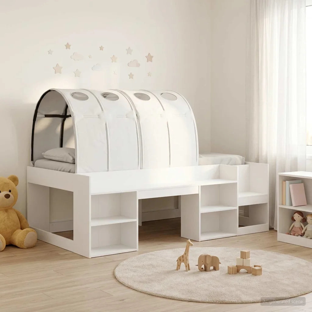 Letto con Tunnel con lo scaffale 3 pcs Bianco Legno multistrato