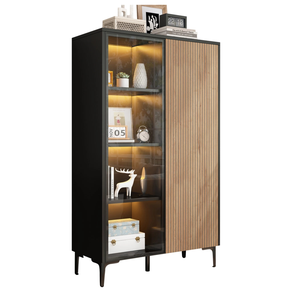 Vetrina 90x40x135 cm in MDF nera e legno con LED e 8 vani –