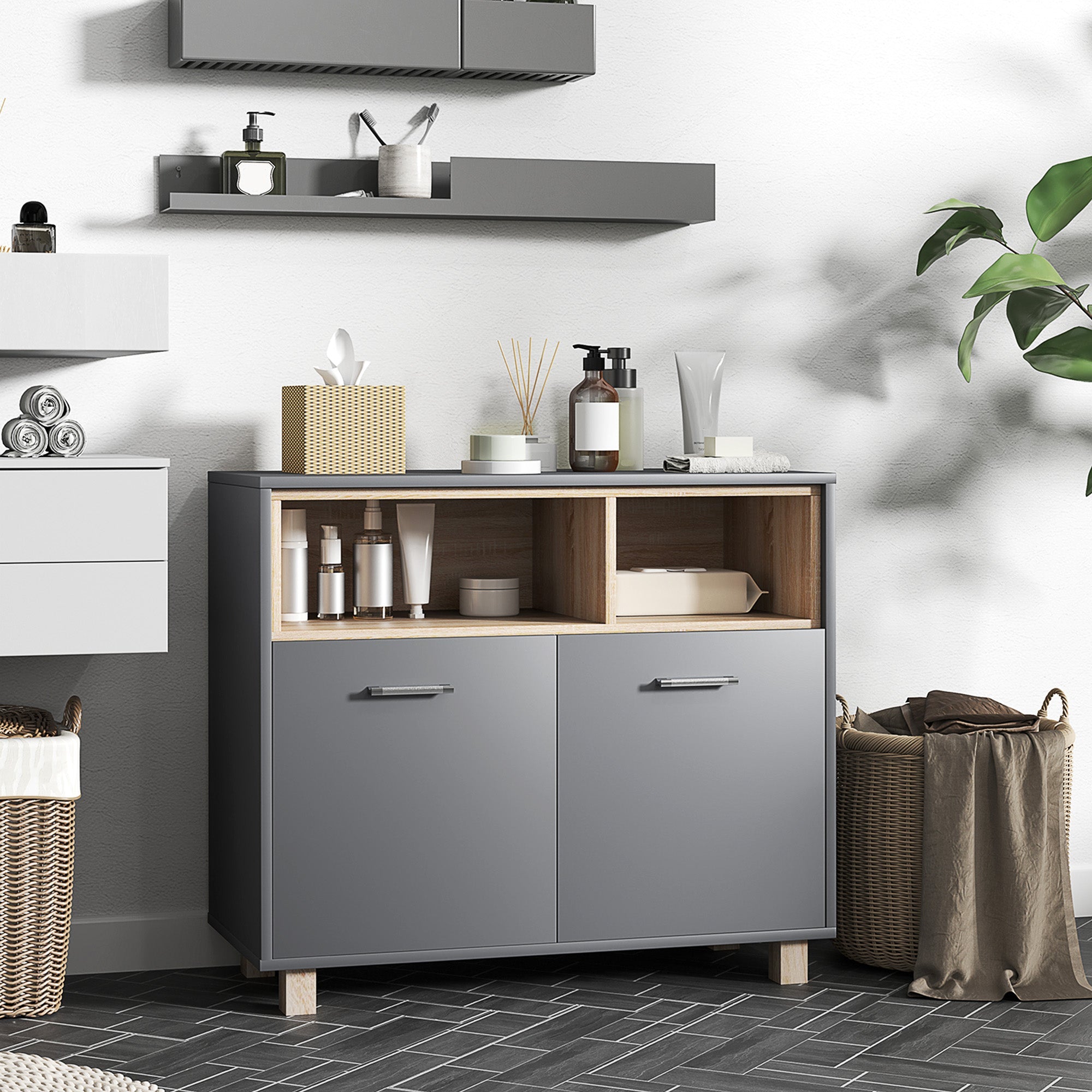 Mobile Bagno con Armadietto e Vani Aperti 80x35x70 cm Grigio