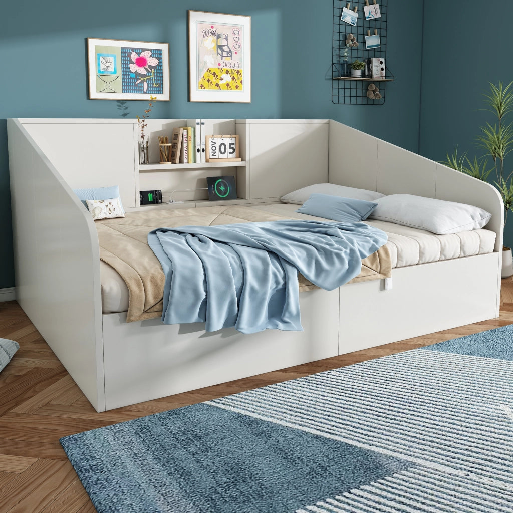 DESMIU Divano letto 140 × 190 cm 2 posti con 2 ripiani, USB, Type-C, senza materasso, in legno, bianco