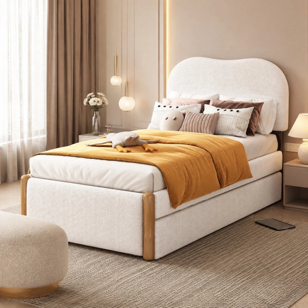 LETTO 90x200 cm con letto estraibile, rivestimento Plush, bianco