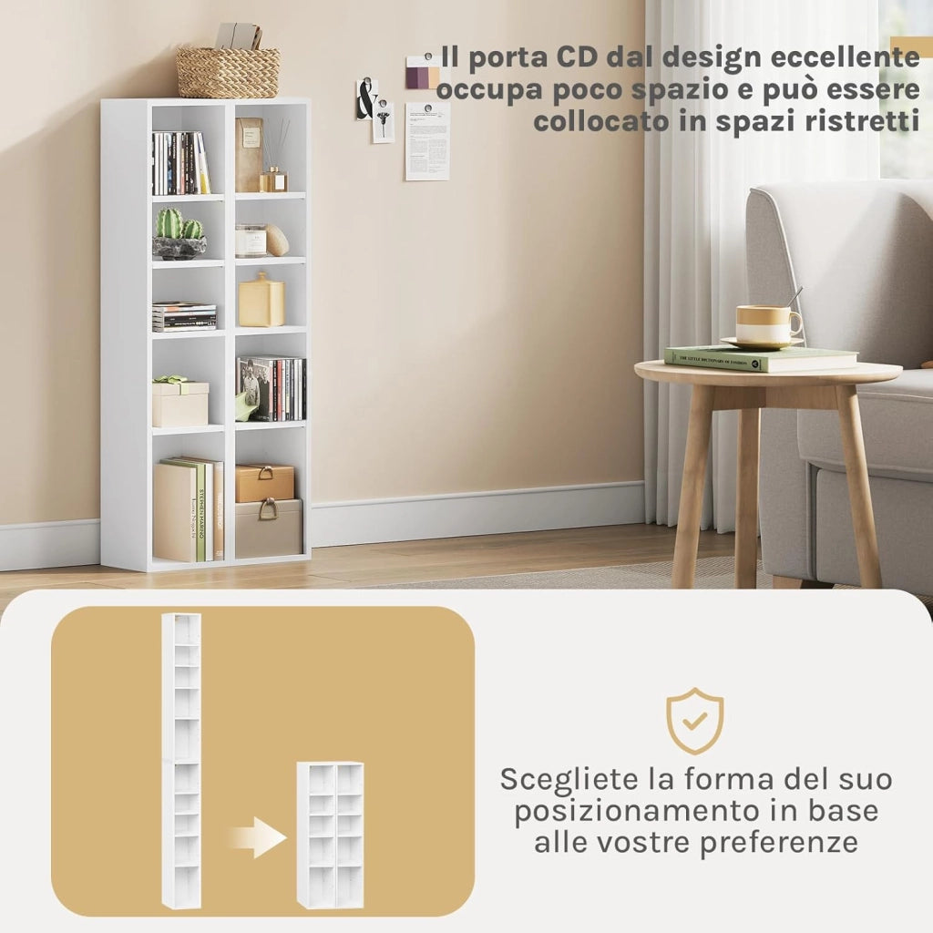 Porta CD a Colonna, Libreria Stretta e Alta con 10 Scomparti, Capacità Max. 160 CD, DVD, Libreria Verticale a Colonna da Terra, Bianco, SK063ws