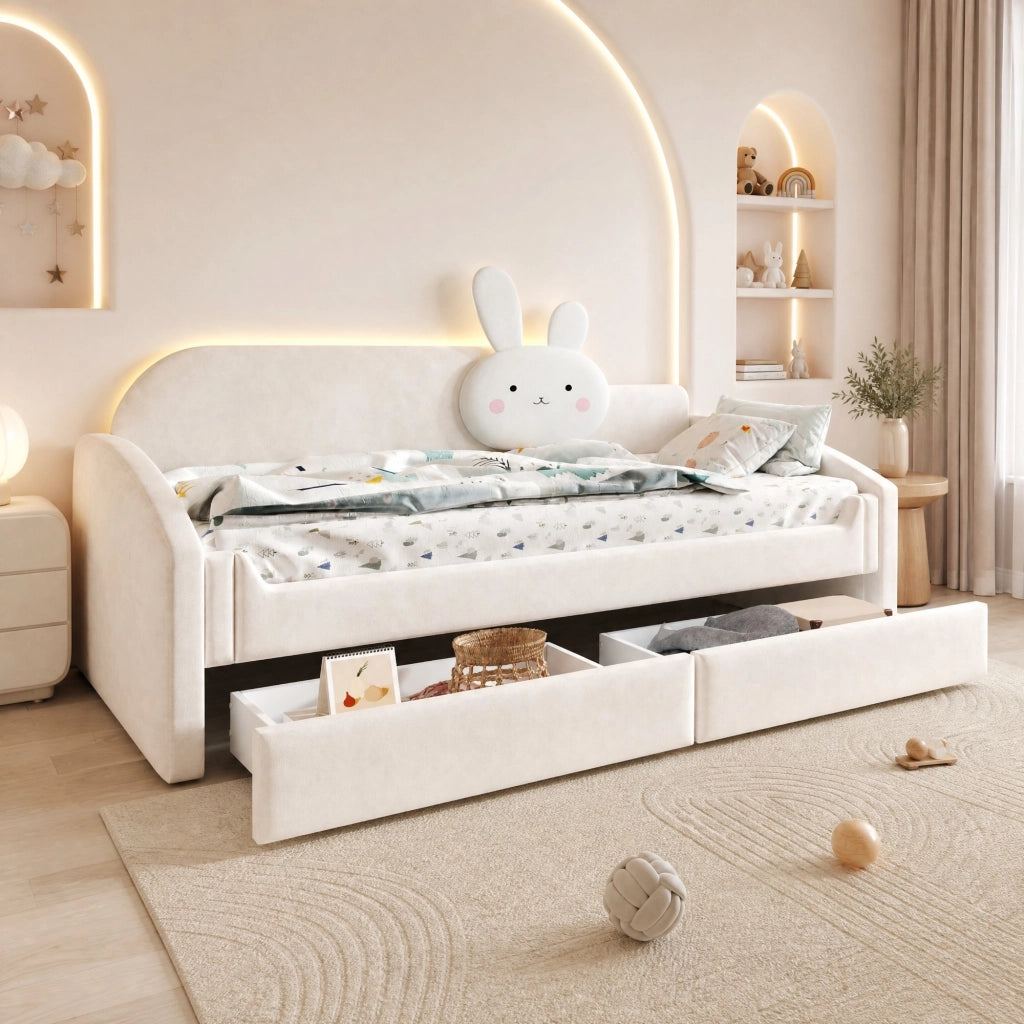 Letto per bambini 90x200 cm con 2 cassetti e LED; rivestito in velluto beige