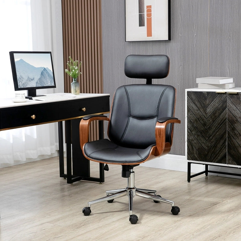 Sedia da ufficio ergonomica con schienale alto e poggiatesta removibile in similpelle nera 66 × 65 × 115-125 cm