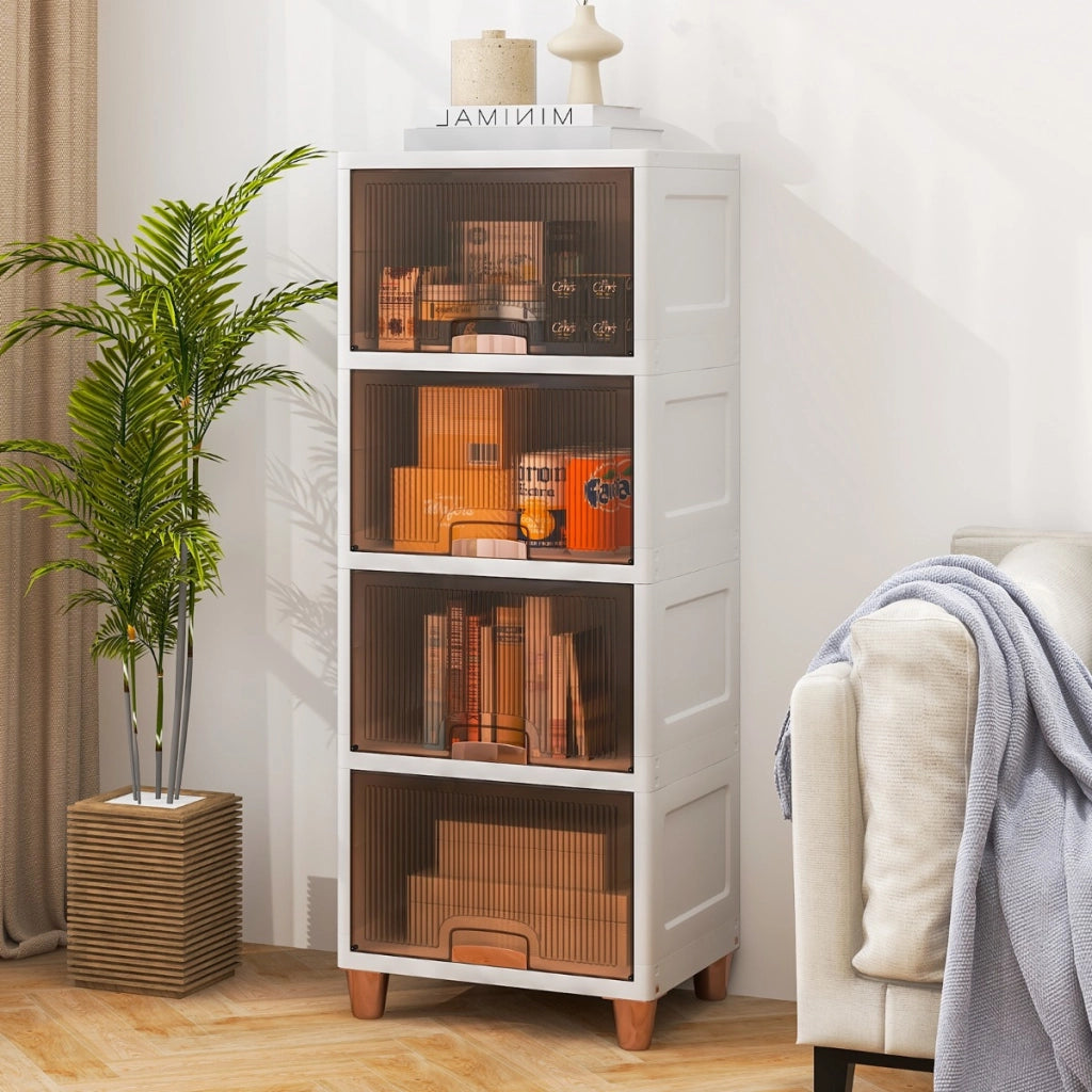 Contenitori da 150L con coperchi porte magnetiche, Contenitori impilabili a 4 livelli in plastica per soggiorno Bianco-Credenze buffet