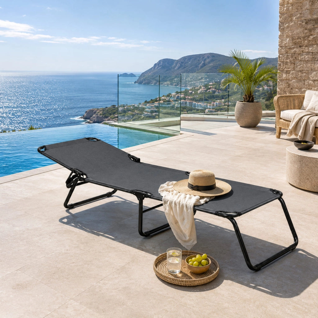 Lettino Pieghevole Prendisole Senza Tettuccio Parasole Schienale Reclinabile Regolabile Struttura In Metallo Nero Sedia Sdraio Per Spiaggia Mare Giardino Piscina 187 x 53 x 24 Cm Grigio Scuro