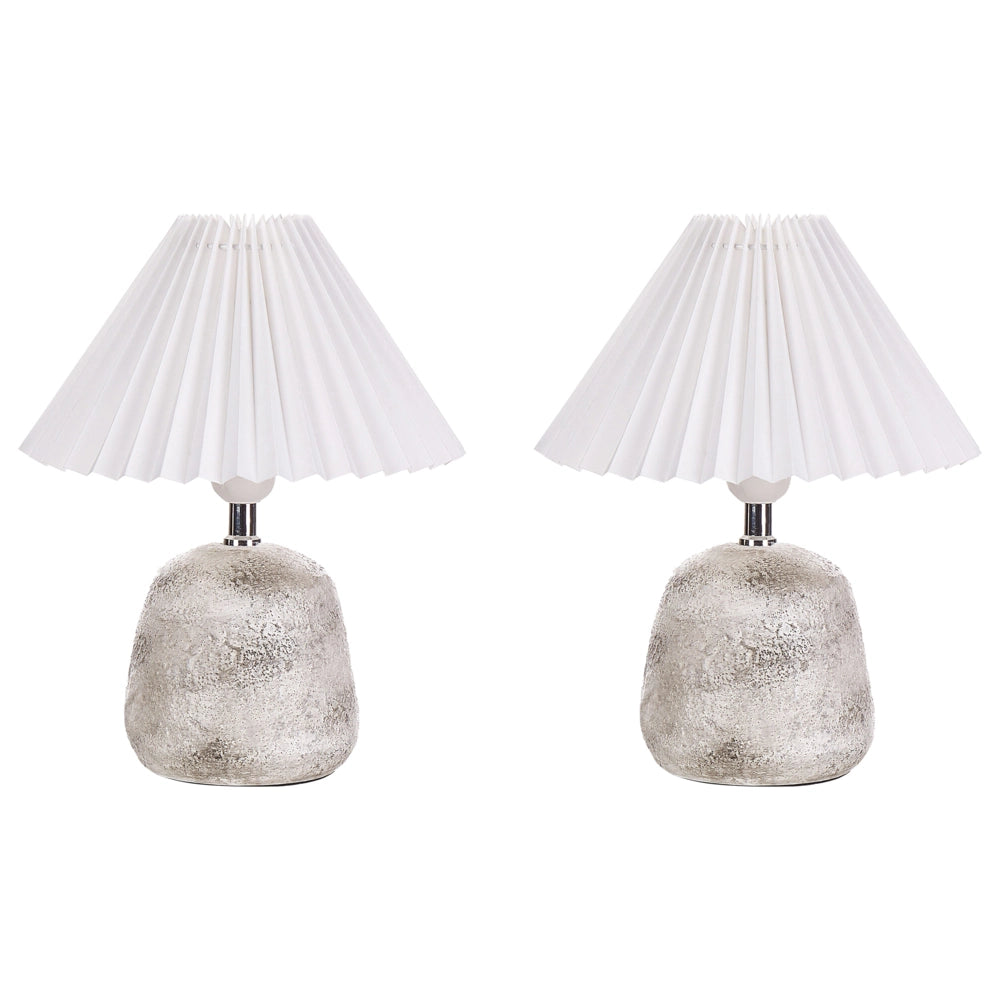 Set di 2 lampade da tavolo Base in ceramica bianca e grigia Paralume sintetico plissettato Luce notturna da comodino