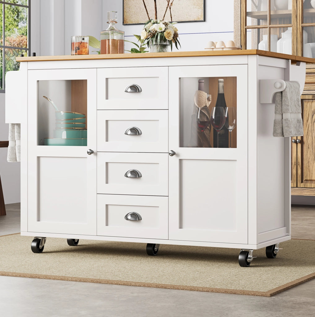 Isola da cucina 137.9x73x92.5 cm con piano pieghevole e ruote in MDF e metallo bianco