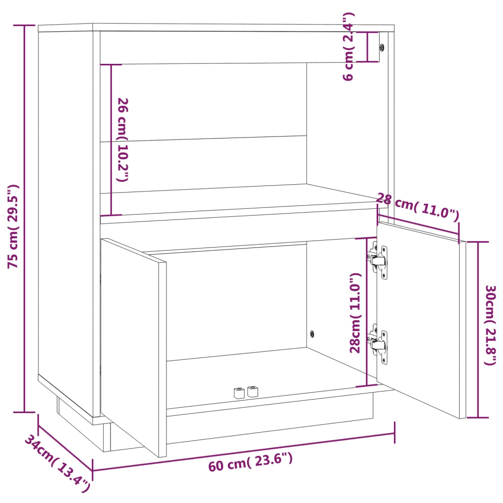 Credenza-Buffet-Armadio da cucina Grigia 60x34x75 cm in Legno Massello di Pino
