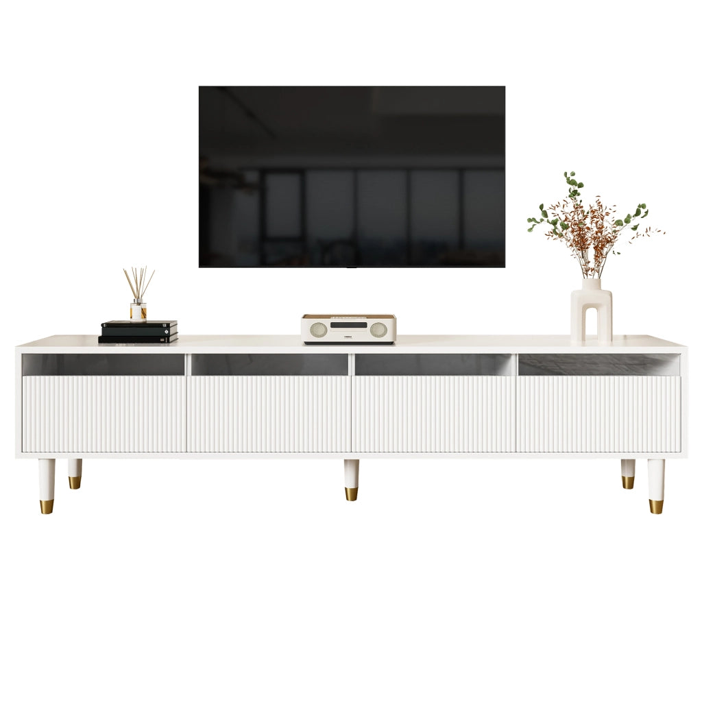 OKWISH Mobile TV con 4 Cassetti e Passacavi, Design Minimalista per Soggiorno, in MDF, Bianco, 178 x 35 x 45 cm