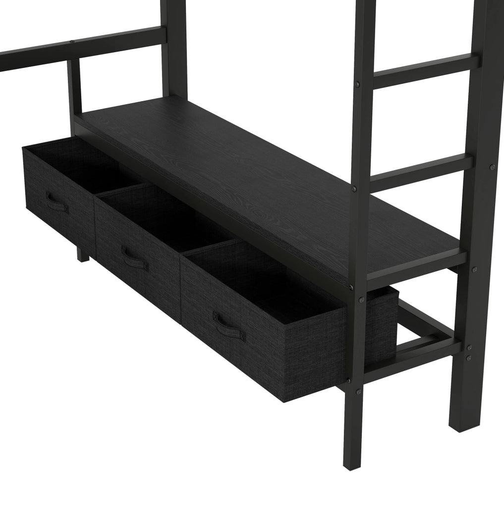 Letto a soppalco ULEVR 140x200 cm con scrivania, 3 cassetti, LED e scala, nero