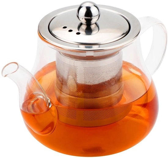 Teapot in Vetro Borosilicato 800 ml - Teapot con Filtro - Doppio Strato - Coperchio in Acciaio Inossidabile - Base Antiscivolo - Filtro per Te