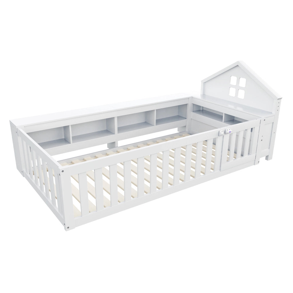 Letto per bambini 90x200 cm con contenitore; tetto con finestra; bianco