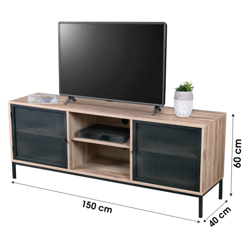 Mobile TV in legno con griglia in metallo nero - 2 vani, dimensioni 150x40xH60 cm - Collezione METALIX
