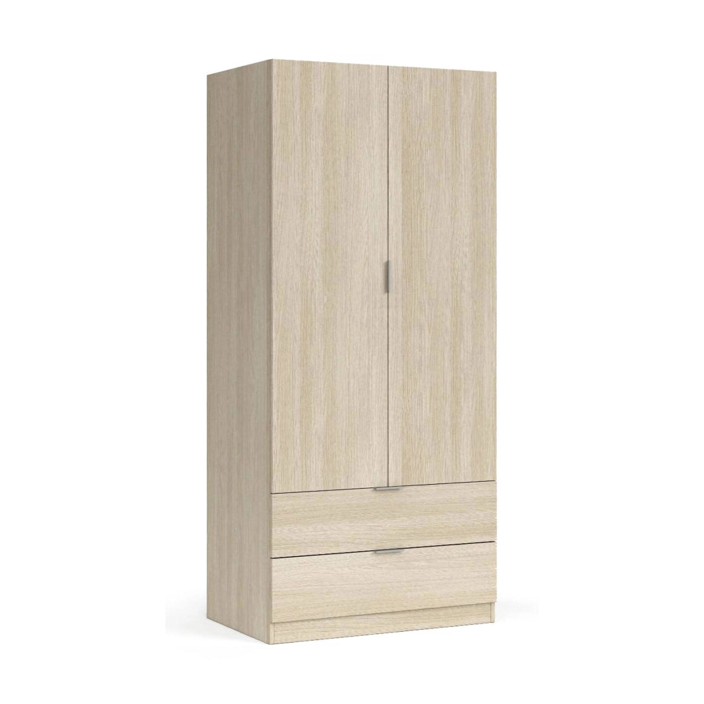 Guardaroba Appadu, Armadio per camera da letto a 2 ante e 2 cassetti, Mobile per camera da letto con barra appendiabiti, cm 81x52h180, Quercia
