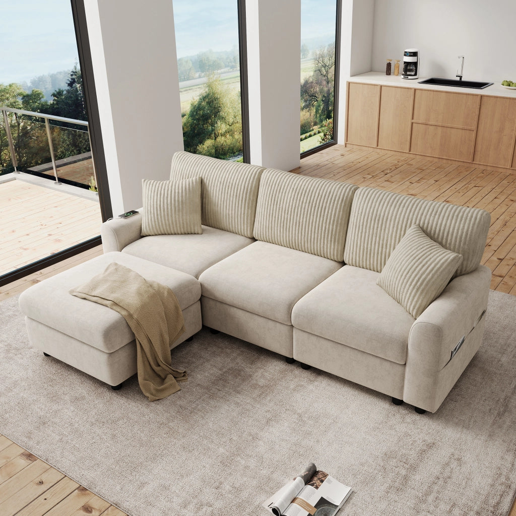 Divano con pouf e porta USB tipo C, in ciniglia e velluto a coste beige, 223 × 146 × 84 cm