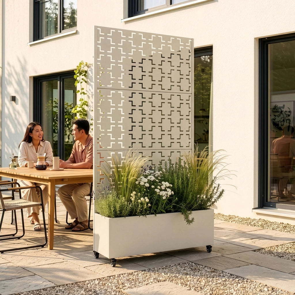 Fioriera con Spalliera Aaskis a Rotelle in Acciaio 190 x 82 x 38 cm - Beige casa.pro