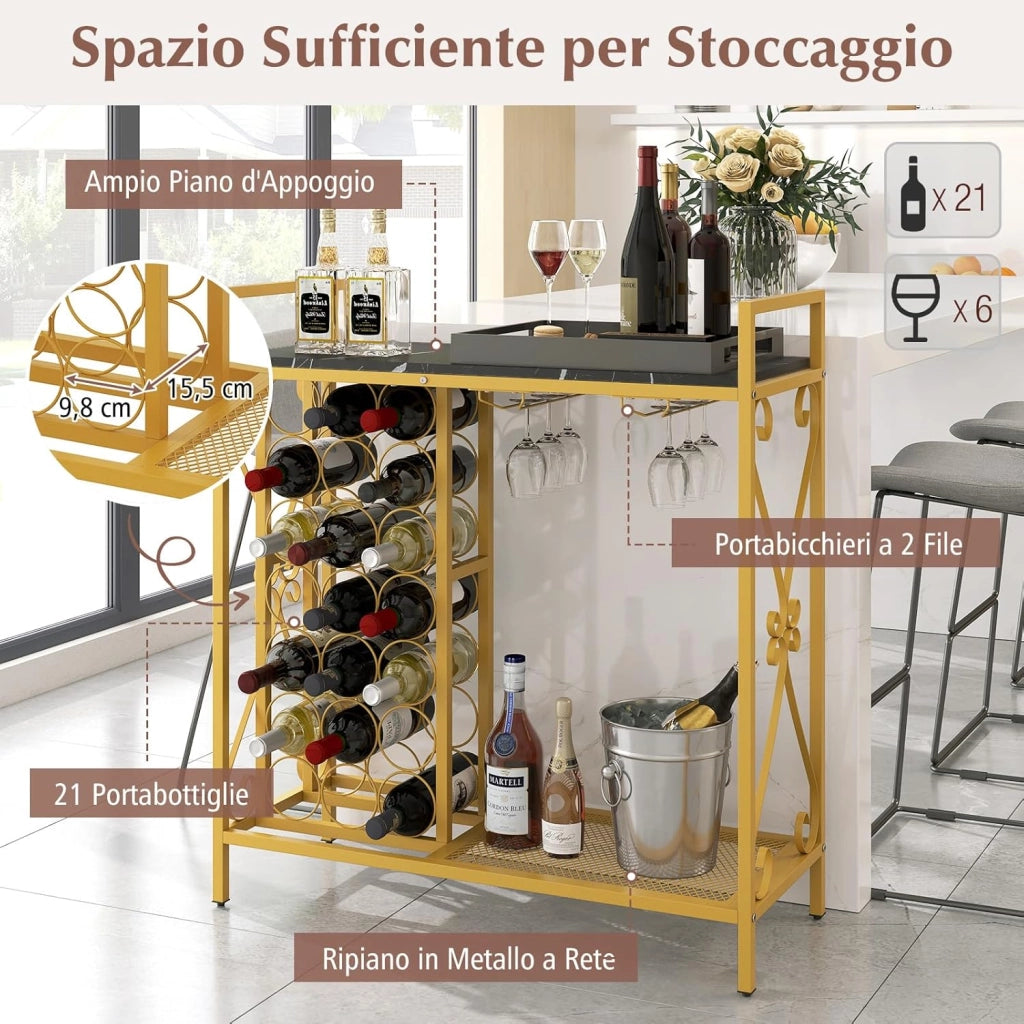 Portabottiglie da Terra per 21 Bottiglie, Portabottiglie da Vino con Supporto per Bicchieri, Piano in Legno e Mensola per Stoccaggio, Struttura Metallica，per Cucina e Bar (Nero)