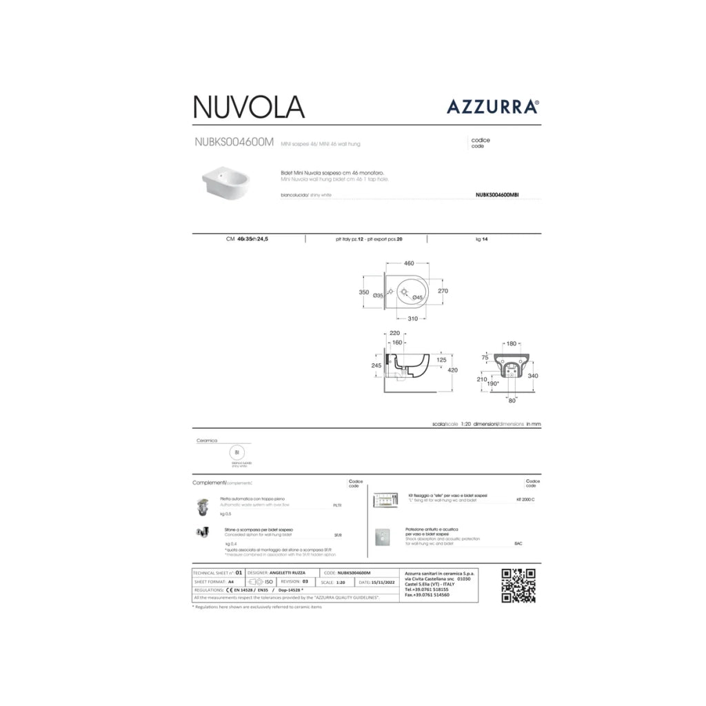 Bidet Sospeso Azzurra Ceramica "Nuvola" Bianco Lucido