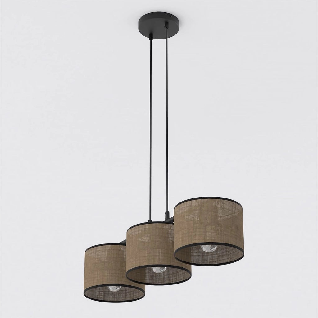 Lampada a sospensione ECO in acciaio nero e tessuto marrone
