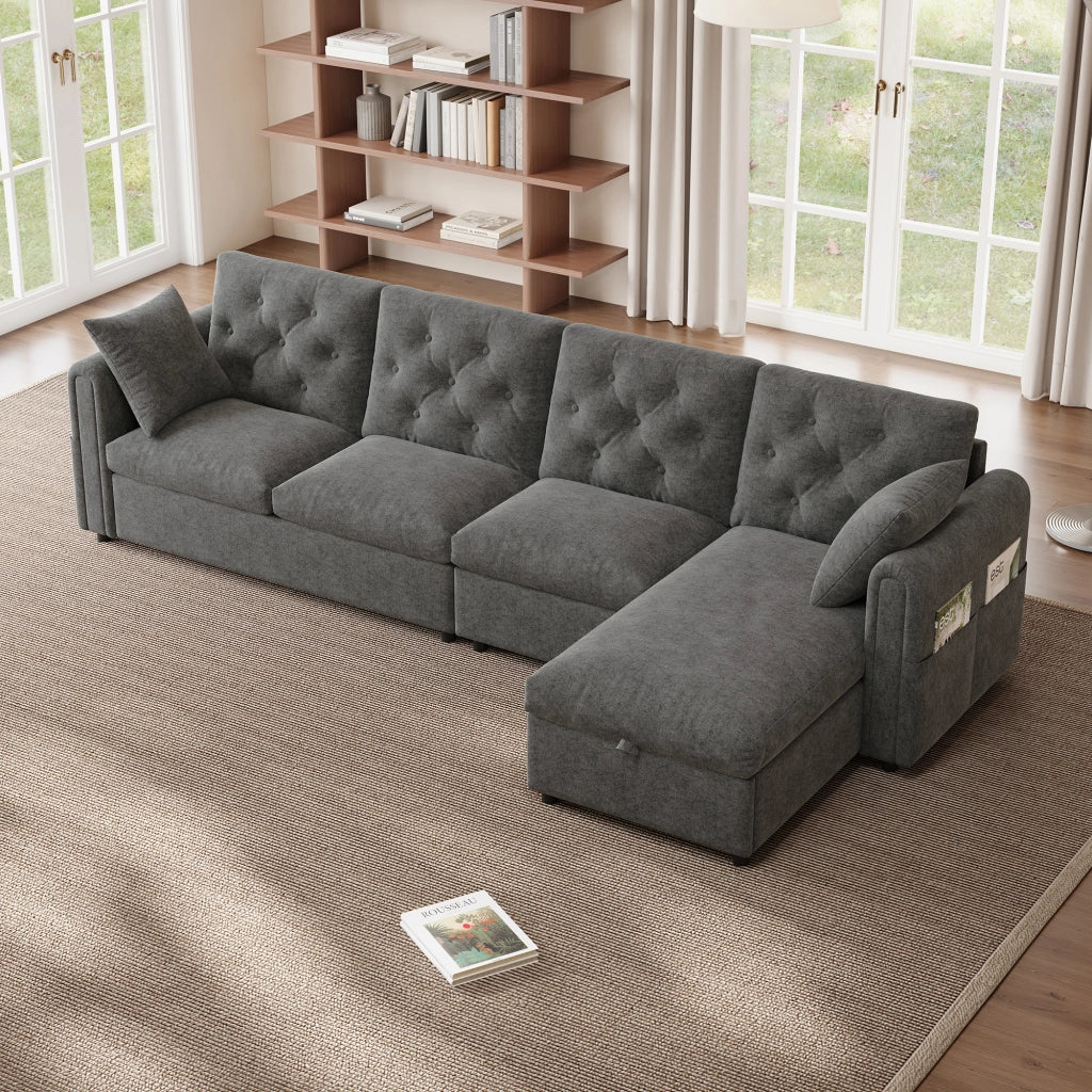 Divano angolare letto con vano contenitore e configurazione reversibile in velluto grigio