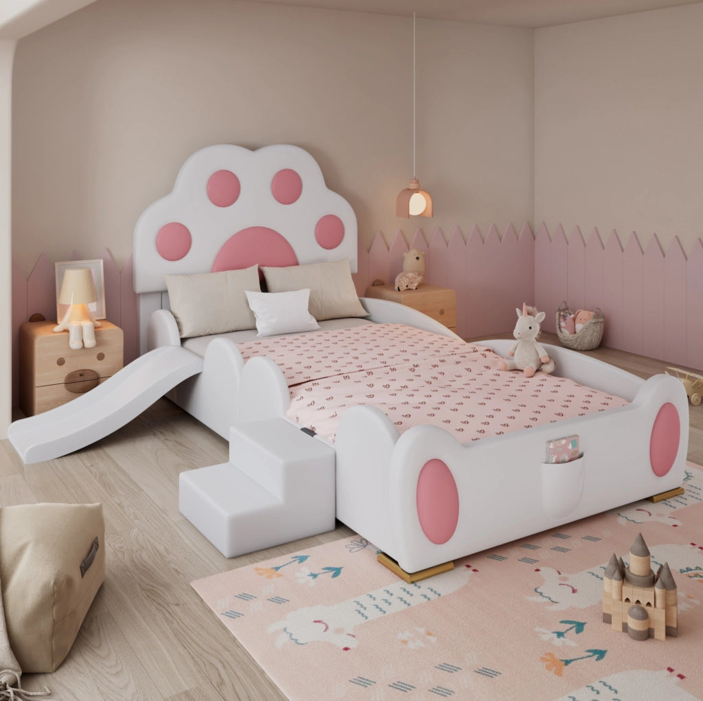 Letto singolo 90x200 cm bianco e rosa in PU con scivolo e scala