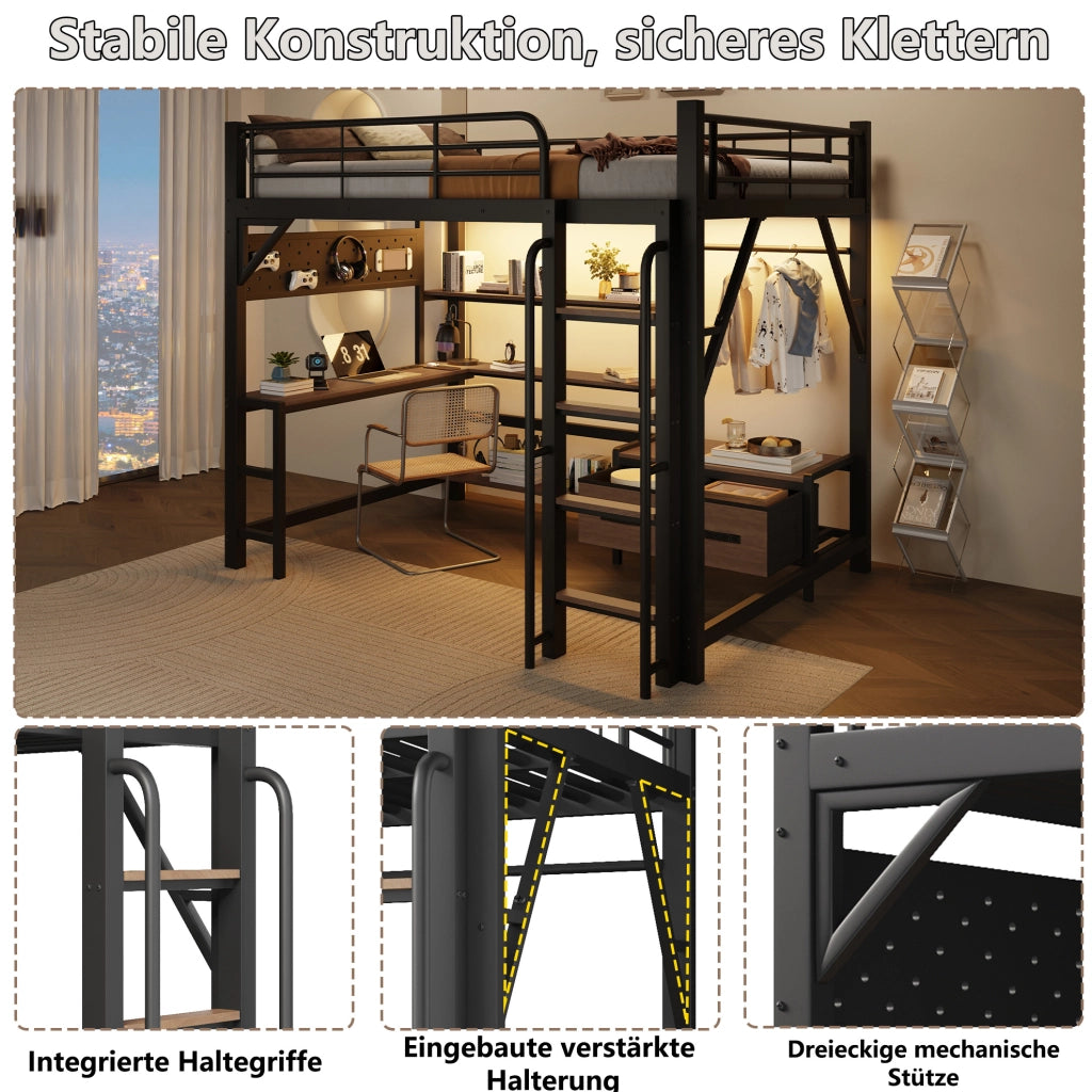 Letto a soppalco 140 x 200 cm con scrivania, LED e USB nero