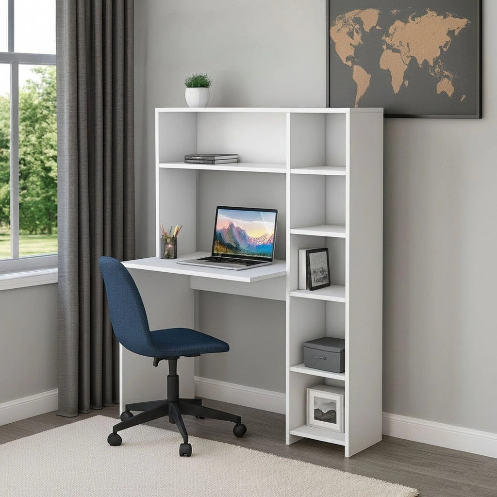 Scrivania Arapaho, Scrittoio multiuso, Tavolo per ufficio porta PC, Piano di lavoro, 113x40h142 cm, Bianco