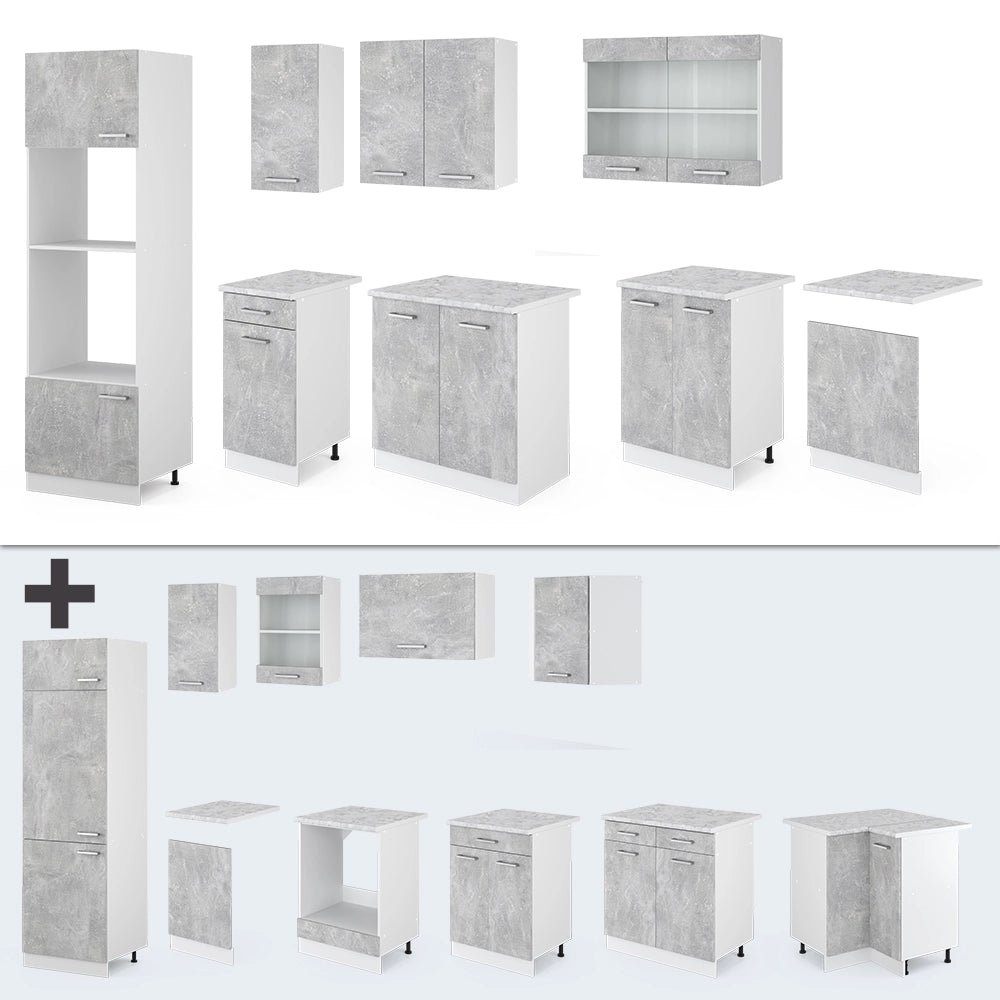 Vicco Cucina componibile Cemento/Bianco 300 cm con armadio alto, PL Rovere