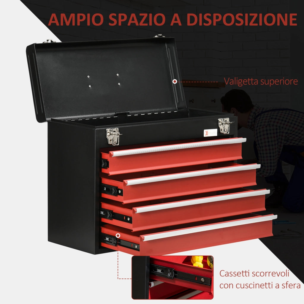 EasyComfort Cassetta Porta Attrezzi in Acciaio con 4 Cassetti e Vassoio Superiore, 51x22x39.5 cm, Rosso e Nero