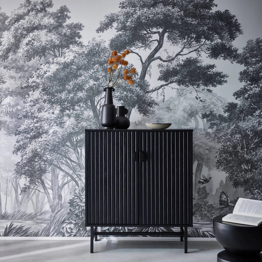 Credenza effetto legno con scanalature nere 2 ante, 80cm, nero