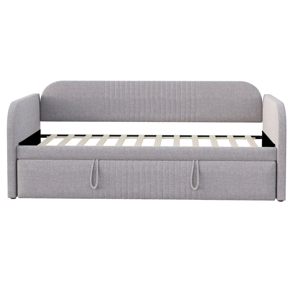 Divano letto 200.5x96x86 cm trasformabile in 2 misure; con rete a doghe; in tessuto di lino grigio chiaro