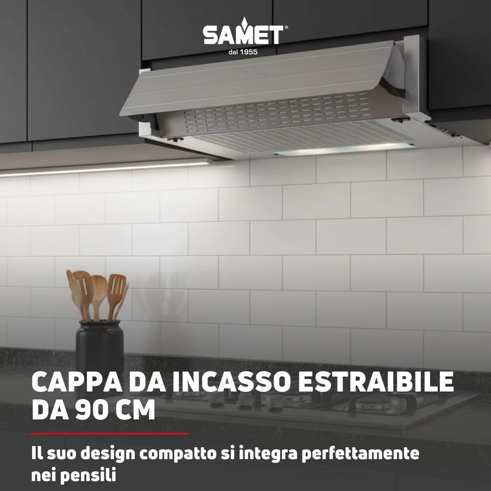 Samet, Cappa Aspirante da Incasso 90 cm Estraibile con Luce LED e Potenza 300 m³/h, Colore Alluminio, 90x30x15 cm