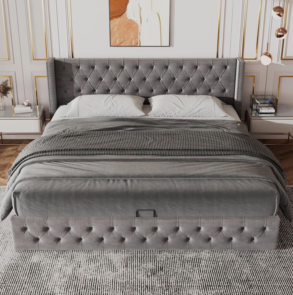 Letto matrimoniale imbottito Chesterfield con contenitore 140x190 cm in velluto grigio