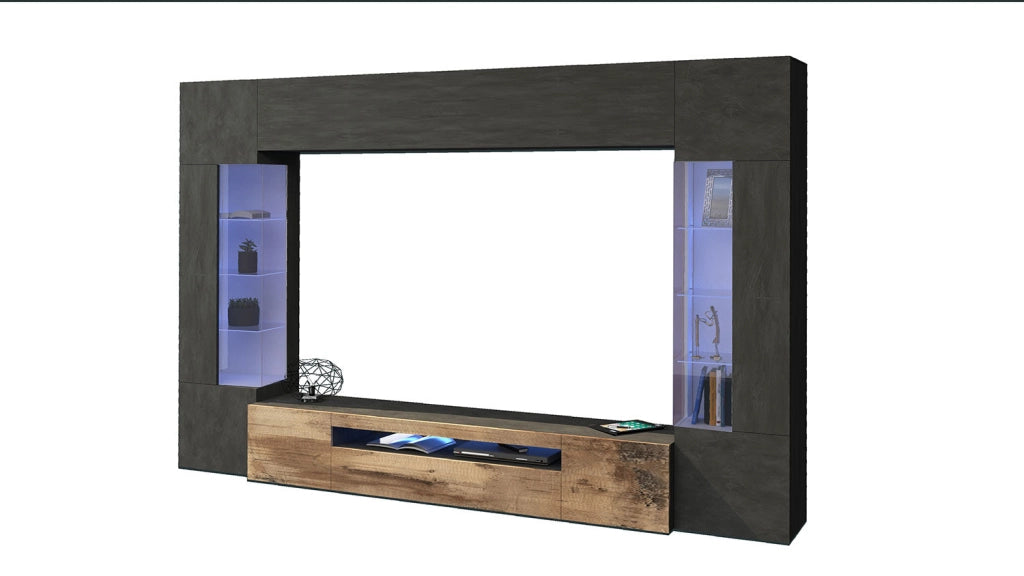 Parete Attrezzata Soggiorno 290x40x190 cm New Egypt Ardesia/Acero Pereira
