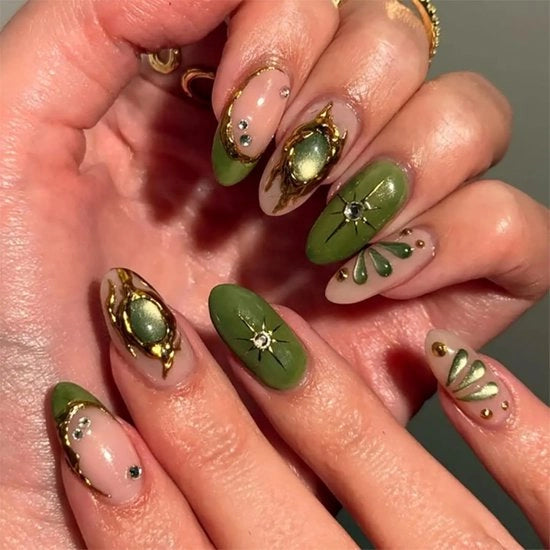 24 pezzi di unghie adesive verdi con glitter a stella - design 3D - inclusi colla e lima per unghie per donne e ragazze