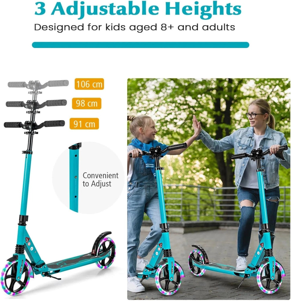 Monopattino da bambino con 2 ruote, LED e freno, skateboard pieghevole, 3 altezze regolabili, scooter in alluminio con cavalletto e cintura, carico 100 kg, bambini 8 anni