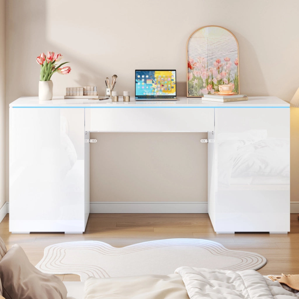 SCRIVANIA 140x50 cm Bianco Laccato Lucido con LED, 1 Cassetto e 2 Ante
