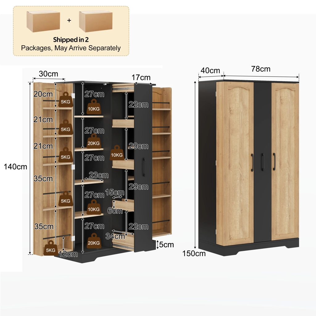 Credenza con 2 ante e 4 ripiani regolabili, porta spezie verticale, per cucina e soggiorno, 150 × 78 × 40 cm